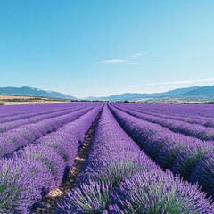 Obraz premium Lavender field rows, sunny day, mountains background, nature landscape, postcard