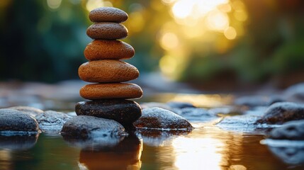 Obraz premium Stacked stones by a flowing stream at sunset