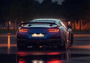 Naklejka premium Sleek sports car parked in the rain, showcasing its modern design and vibrant lights