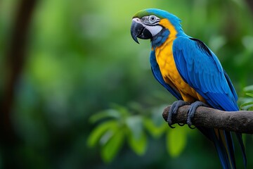 Obraz premium Colorful macaw perched on a branch surrounded by green foliage in a tropical setting