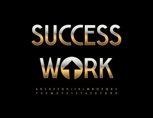 Vector Positive logo Success Work with Gold Arrow. Trendy Fashion Font. Luxury set of Cool Alphabet Letters and Numbers