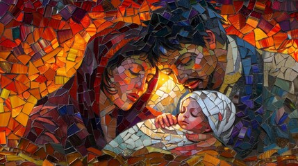 Beautiful mosaic art featuring the holy family  jesus, mary, and joseph in eternal devotion
