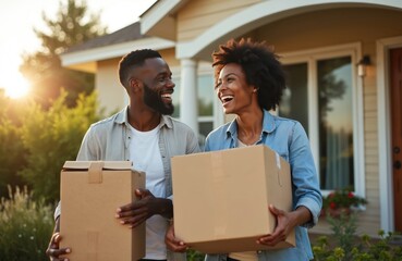 Happy African American family moves to new house. Smiling couple holds cardboard boxes. Young family carries belongings, unpacks stuff, celebrates relocation, enjoy real estate investment. Man, woman