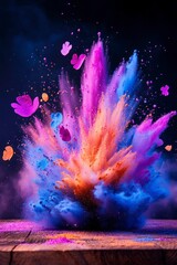 colorful powder explosion, with the colors being pink, blue, and orange, Holi festival