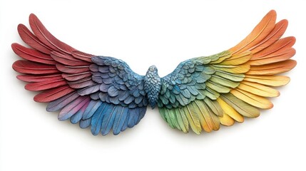 Colorful Wings Sculpture on White Backdrop Symbolizing Freedom Creativity and Artistic Expression with a Clean and Minimalist Aesthetic