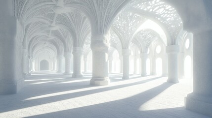 Fototapeta premium White Gothic Architecture Interior, Sunlight, Empty. Possible use Stock photo