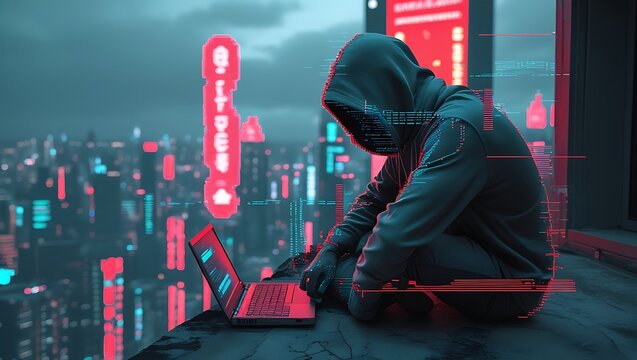 A hooded figure sits on the edge of a rooftop, overlooking a futuristic neon-lit city. The figure is hunched over a laptop, one leg bent, the other dangling off the edge. A glitch effect distorts