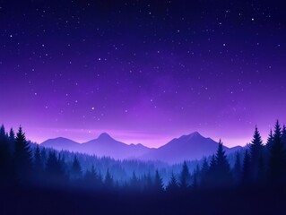 Fototapeta premium Tranquil illustration of forest meeting mountain peaks, illuminated by the stars in the twilight sky