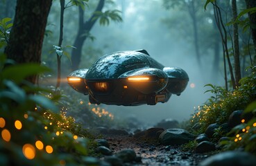 Autonomous hover bike drifting through a sci fi jungle with bioluminescent plants glowing around a futuristic eco tech community.