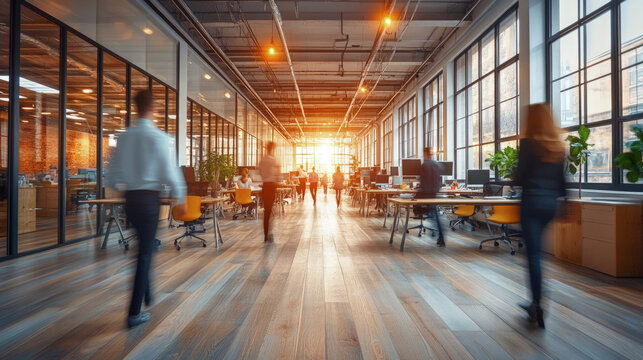 A spacious modern office with an open-plan design, glass walls, and warm lighting creates a dynamic and collaborative work environment at sunset. Motion blur image. 