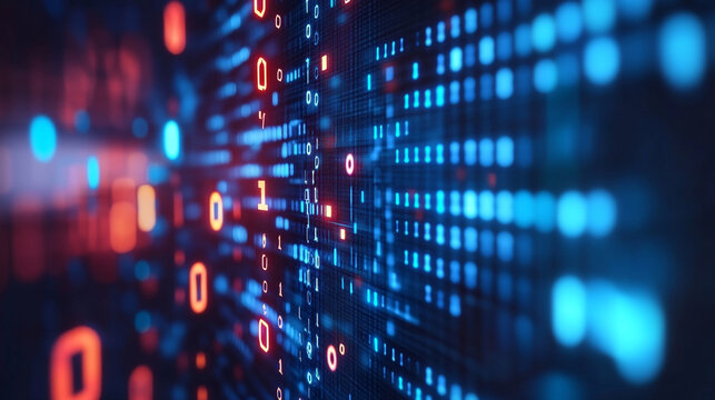 Abstract digital binary code data stream background image red blue bits.