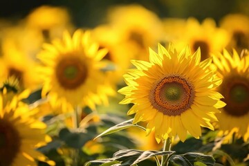 Fototapeta premium Sunflowers Blooming Vibrantly in a Golden Field Under a Bright Blue Sky on a Sunny Day