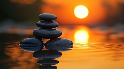 Stones balanced on water at sunset (1)