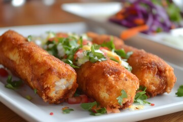 Fototapeta premium A plate with three crispy golden brown taquitos