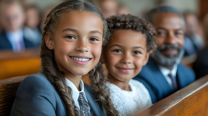 Children smile in church pews with adult