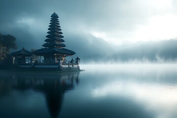 A beautiful and serene image of a temple on a lake