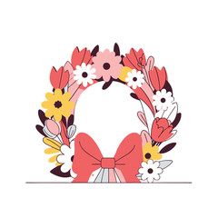 Obraz premium Vector illustration of a floral wreath with a bow, symbolizing elegance, spring, and festive decoration in a delicate style.