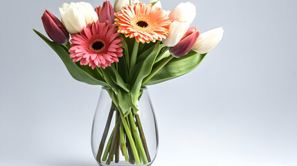 Fototapeta premium Colorful flowers in a vase on a light background