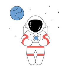 Cute Astronaut with Camera in Space - Childrens Illustration.