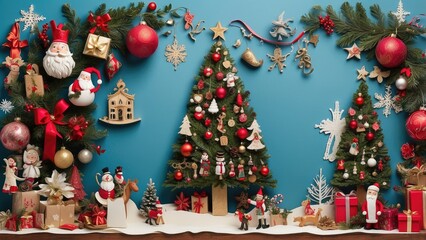 A festive, colorful collage featuring various Christmas-themed illustrations.