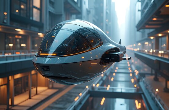 Time traveling hover pod with sleek metal and glass exterior drifting through a futuristic metropolis with neon pathways and hovering platforms.