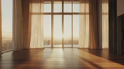 Obraz premium A contemporary loft with large windows, wooden floors, and cotton curtains.