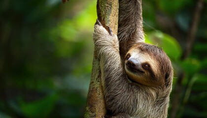 Fototapeta premium Enchanting Slow Dance of a Sloth Amidst Tropical Greenery, Captured in a Mesmerizing Sunset Glow, Showcasing the Exquisite Beauty and Serenity of a Sloths Natural Habitat.