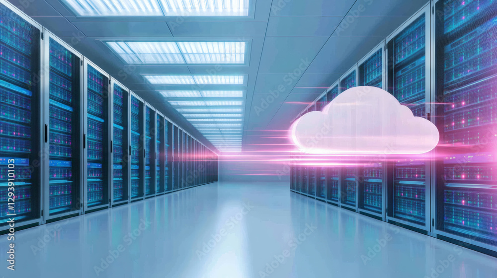 Poster High-tech server room with cloud computing visualization