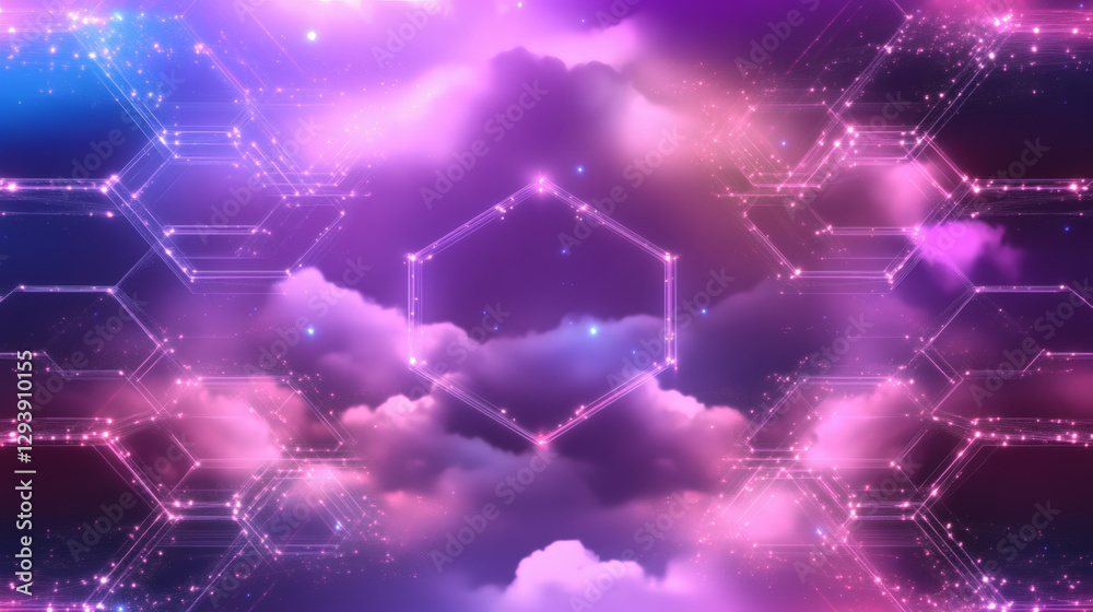 Poster Vibrant abstract clouds with hexagonal patterns and cosmic colors