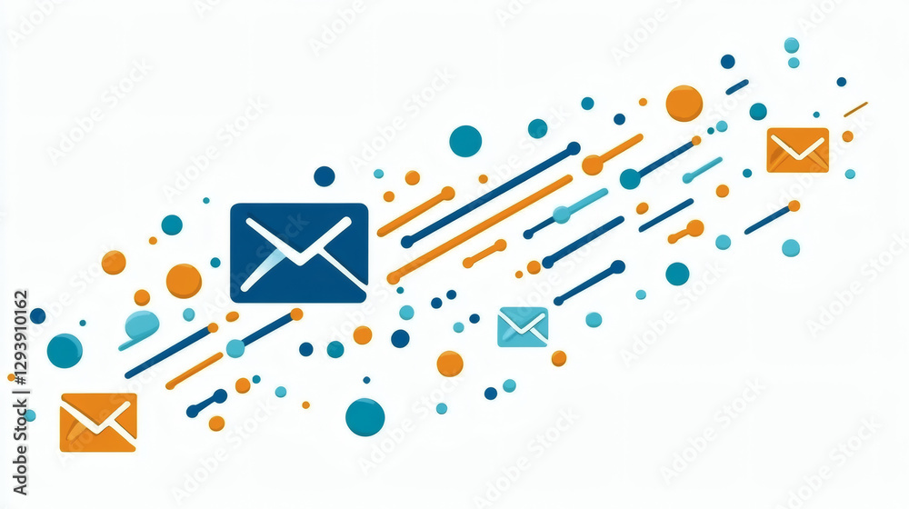 Poster Digital illustration of fast-moving emails with colorful dots and lines