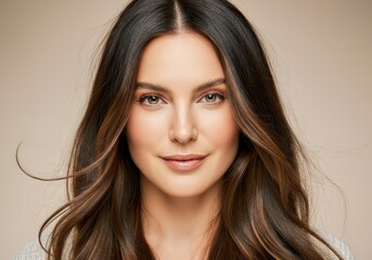 Naklejka premium Beautiful woman with long, flowing hair and a radiant smile