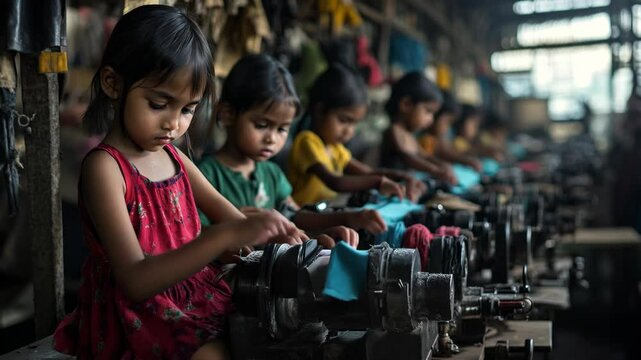 Somber young children working on machinery in a dimly lit factory, symbolizing hardship and labor