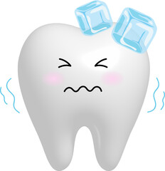 Cute cartoon sensitive tooth character with ice. Sensitive tooth to coldness. 3d illustration.