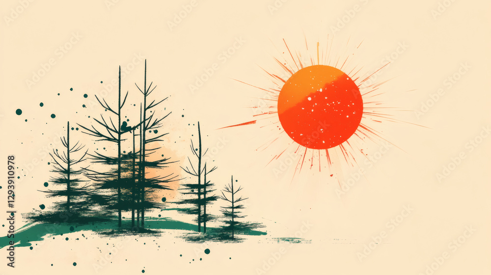 Poster abstract landscape with trees and a large sun on a light background