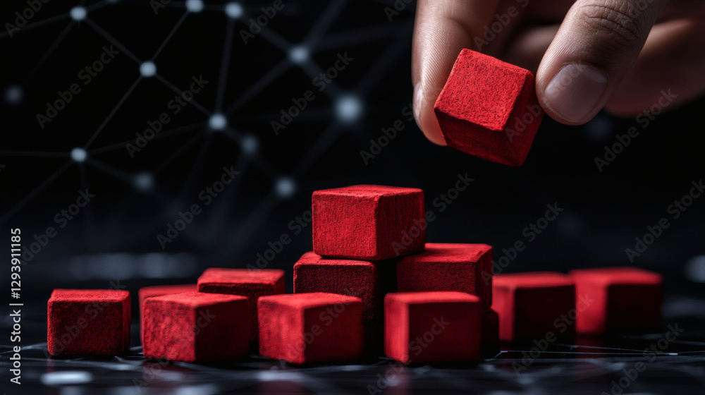 Poster red blocks being arranged by a hand against a dark background