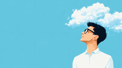 Young man with glasses gazing at clouds in a blue sky