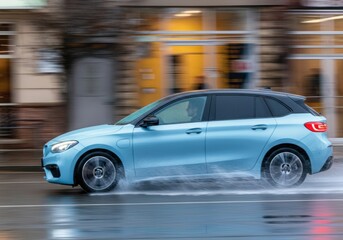 Blue car driving through rain on a city street, showcasing speed and motion