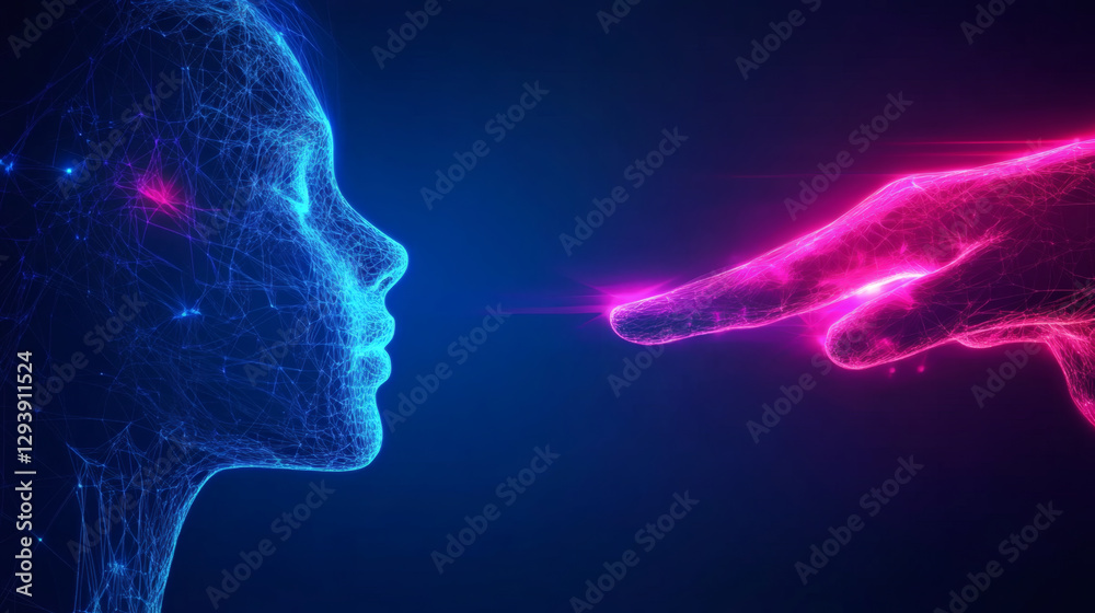 Poster digital interaction between a hand and a holographic face in neon colors