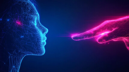 Digital interaction between a hand and a holographic face in neon colors