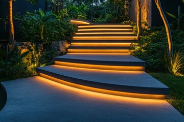 Ambient LED lighting illuminates an elegant contemporary garden staircase at night. Curved steps are a stylish design element. Generative Ai