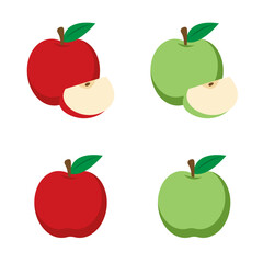 Apples food icon. Red and green apple fruit whole and half. Healthy lifestyle. Vector illustration in flat style. Set of apples and sliced apples isolated on white background.