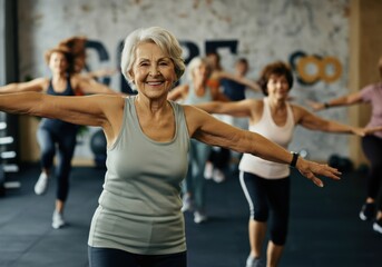 Senior woman smiling while participating in a group fitness class