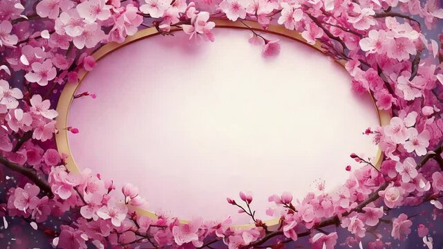 楕円の額縁を桜の花で囲み、周りを花びらが飛んでいる背景。春、4月、花、枠 
Background with an oval frame surrounded by cherry blossoms and petals flying around. Spring, April, flowers, frame