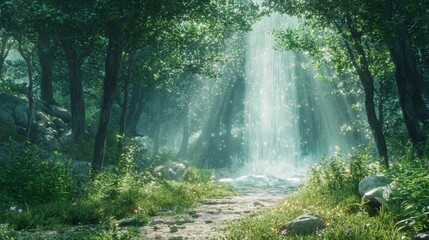 Obraz premium Enchanting Forest Scene with Majestic Waterfall Filtering Sunlight Through Lush Greenery and Sparkling Mist