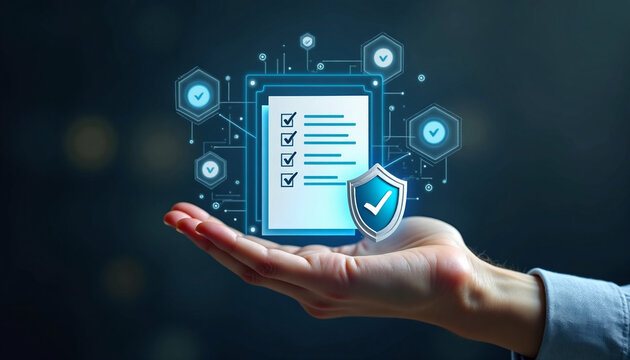 Hand holding a digital checklist and shield symbolizing data security and compliance