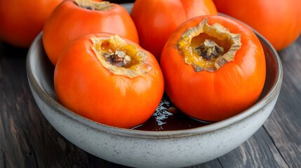 Juicy Ripe Persimmon Fruit in Bowl Closeup