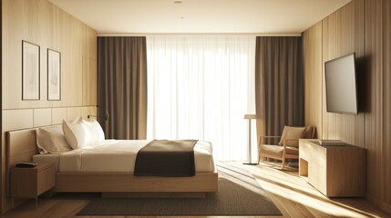 Fototapeta premium Modern Minimalist Bedroom with Wooden Interior and Natural Light