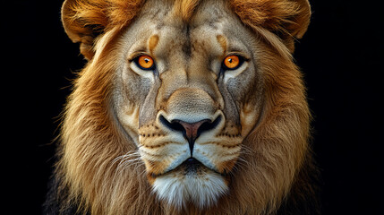Naklejka premium Powerful male lion close-up with piercing amber eyes and thick mane on a dark background, symbolizing strength and wildlife beauty