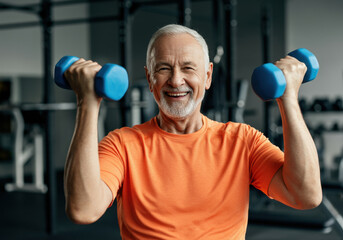 Smiling senior man lifting dumbbells in a gym, promoting fitness and health