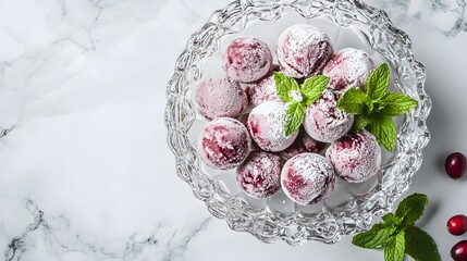 Fototapeta premium Delicious cherry sweets with mint served on crystal bowl